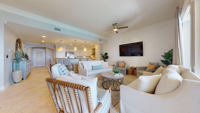 11807 Front Beach Rd Unit 2204, Panama City Beach, FL 32407 - living area with crown molding, a ceiling fan, baseboards, light tile patterned floors, and recessed lighting