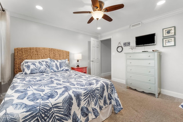 23223 Front Beach Rd Unit 335, Panama City Beach, FL 32413 - bedroom featuring baseboards, light colored carpet, recessed lighting, ornamental molding, and ceiling fan