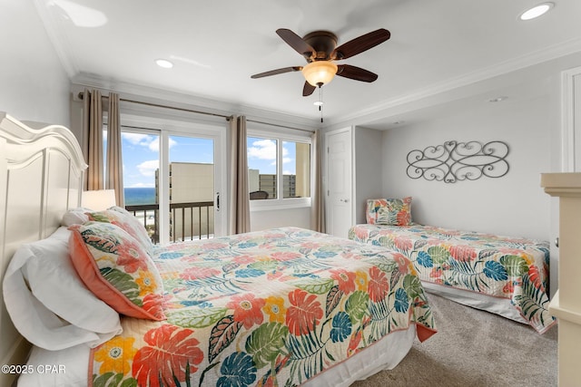 23223 Front Beach Rd Unit 335, Panama City Beach, FL 32413 - carpeted bedroom with access to outside, crown molding, a ceiling fan, recessed lighting, and a water view