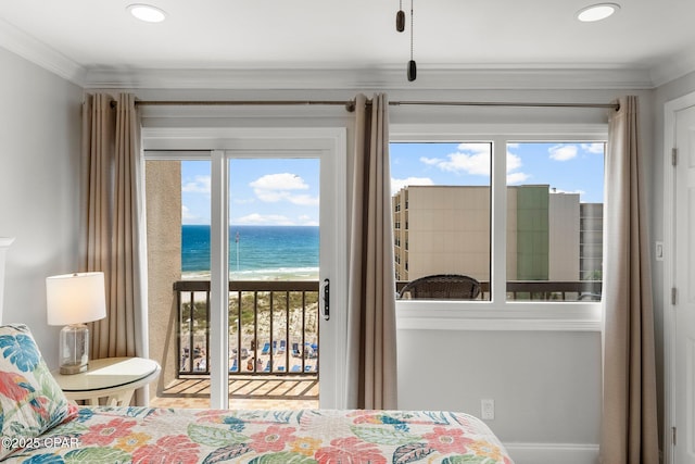 23223 Front Beach Rd Unit 335, Panama City Beach, FL 32413 - bedroom with access to outside, multiple windows, a water view, ornamental molding, and recessed lighting