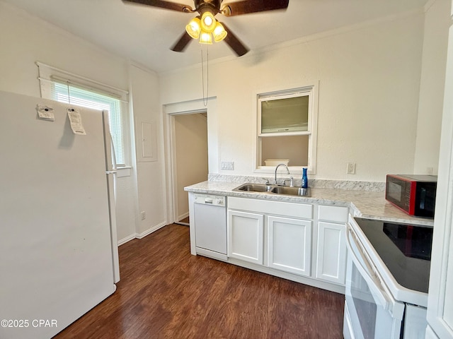 2969 Russ St, Marianna, FL 32446 - kitchen featuring white appliances, a sink, dark wood finished floors, a ceiling fan, and white cabinetry