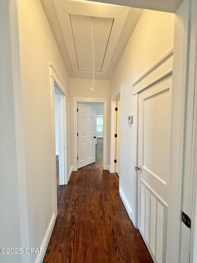 2969 Russ St, Marianna, FL 32446 - hall with attic access, dark wood-type flooring, and baseboards