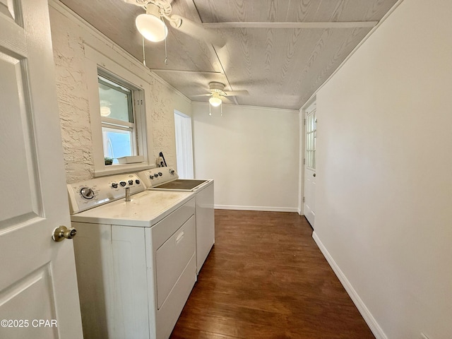 2969 Russ St, Marianna, FL 32446 - laundry area featuring washer and dryer, dark wood-style flooring, a ceiling fan, and plenty of natural light