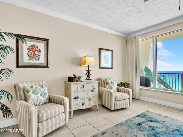 7115 Thomas Dr Unit 602, Panama City Beach, FL 32408 - living area featuring tile patterned flooring, a textured ceiling, and ornamental molding