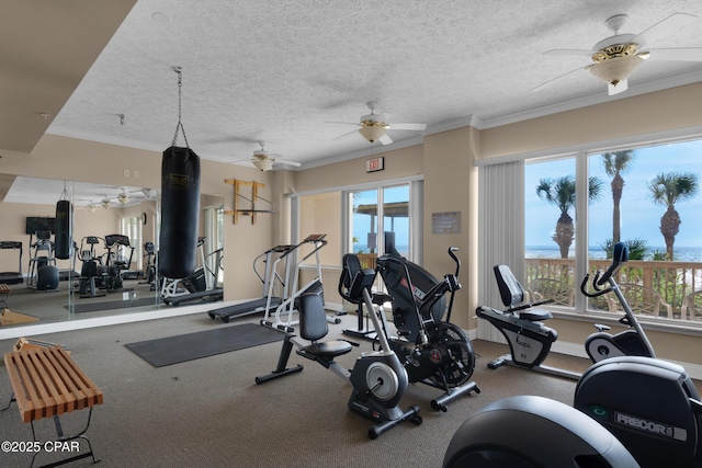 7115 Thomas Dr Unit 602, Panama City Beach, FL 32408 - gym featuring a ceiling fan, healthy amount of natural light, ornamental molding, and a textured ceiling