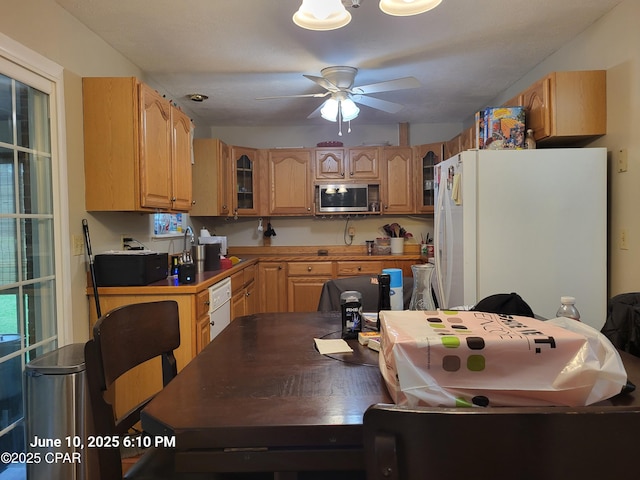 4881 Tall Pine Dr, Marianna, FL 32446 - kitchen with stainless steel microwave, freestanding refrigerator, ceiling fan, and glass insert cabinets