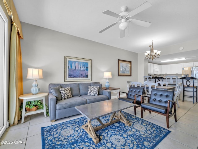 15817 Front Beach Rd Unit 1-204, Panama City Beach, FL 32413 - living area featuring a chandelier, light tile patterned floors, and ceiling fan