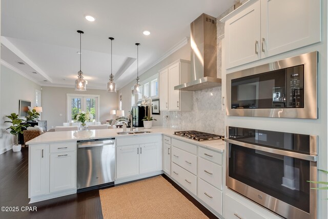 118 Ravine Rd, Inlet Beach, FL 32461 - kitchen featuring stainless steel appliances, wall chimney exhaust hood, a peninsula, open floor plan, and white cabinets
