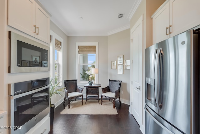 118 Ravine Rd, Inlet Beach, FL 32461 - kitchen with stainless steel appliances, crown molding, white cabinetry, dark wood-type flooring, and light countertops