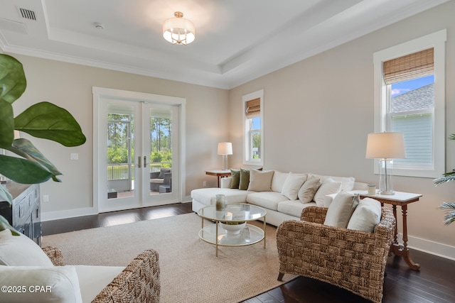 118 Ravine Rd, Inlet Beach, FL 32461 - living area featuring a raised ceiling, french doors, dark wood-type flooring, and crown molding