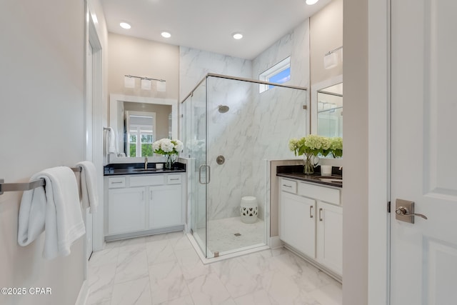 118 Ravine Rd, Inlet Beach, FL 32461 - full bath featuring marble look tiles, vanity, a marble finish shower, healthy amount of natural light, and recessed lighting