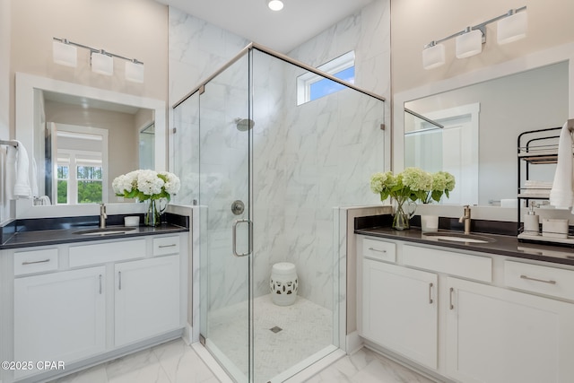 118 Ravine Rd, Inlet Beach, FL 32461 - bathroom featuring marble finish flooring, vanity, and a marble finish shower