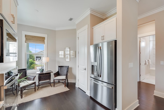 118 Ravine Rd, Inlet Beach, FL 32461 - kitchen featuring appliances with stainless steel finishes, dark wood finished floors, white cabinetry, and crown molding