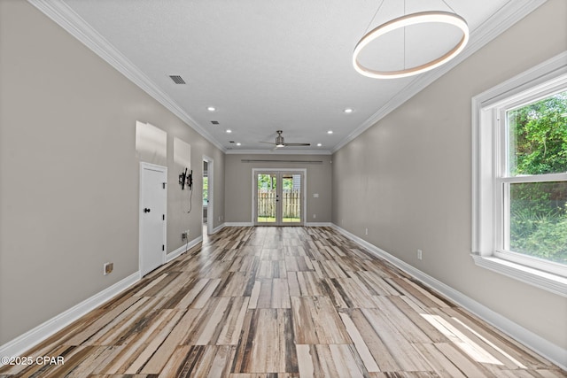 2932 Palmetto Ridge Way, Lynn Haven, FL 32444 - unfurnished living room with recessed lighting, healthy amount of natural light, ornamental molding, a ceiling fan, and light wood-type flooring