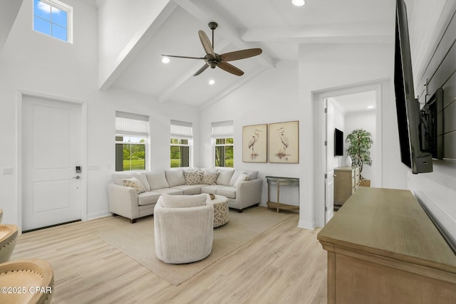 8648 Conch Shell Ct, Panama City Beach, FL 32413 - living area featuring beamed ceiling, a ceiling fan, high vaulted ceiling, light wood-type flooring, and recessed lighting