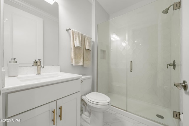 8648 Conch Shell Ct, Panama City Beach, FL 32413 - bathroom with marble finish flooring, vanity, ornamental molding, and a shower stall