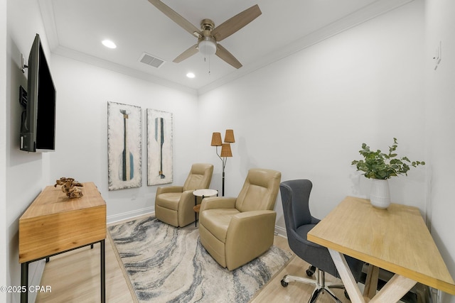 8648 Conch Shell Ct, Panama City Beach, FL 32413 - office area with a ceiling fan, wood finished floors, crown molding, and recessed lighting