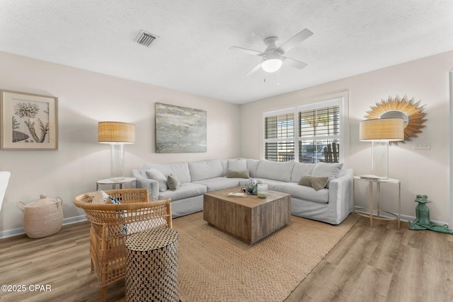 17642 Front Beach Rd Unit B1, Panama City Beach, FL 32413 - living area with light wood-style flooring, a ceiling fan, and a textured ceiling