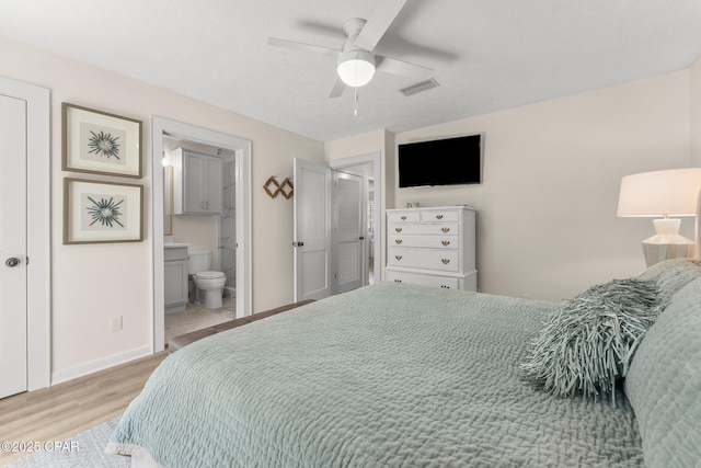 17642 Front Beach Rd Unit B1, Panama City Beach, FL 32413 - bedroom with light wood-style flooring, ensuite bathroom, and a ceiling fan