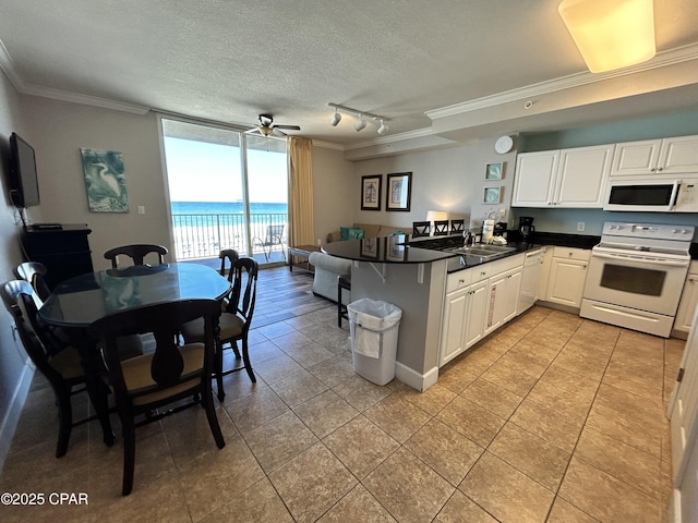 16819 Front Beach Rd Unit 107, Panama City Beach, FL 32413 - kitchen with white appliances, crown molding, a peninsula, track lighting, and dark countertops