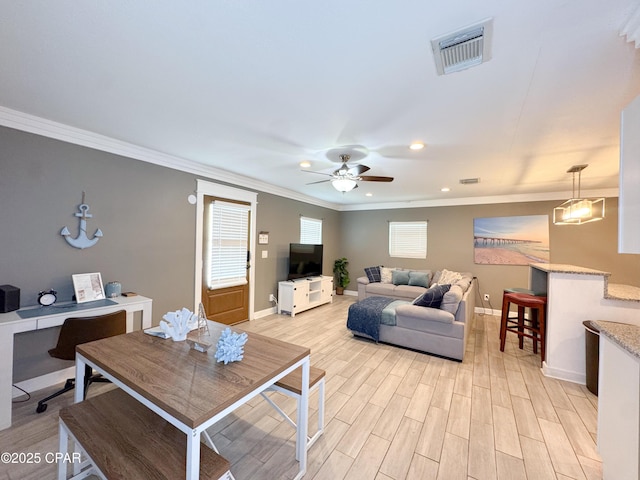 2816 N Panama Ave Unit A & B, Panama City, FL 32405 - living room with ornamental molding, an office area, light wood-style floors, ceiling fan, and recessed lighting