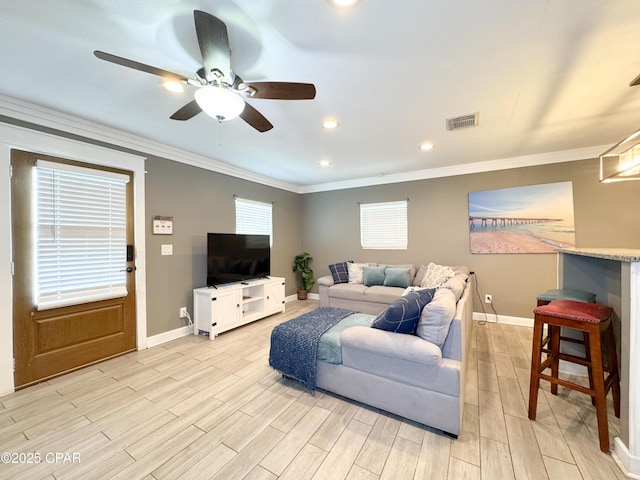 2816 N Panama Ave Unit A & B, Panama City, FL 32405 - living area featuring light wood-style floors, crown molding, ceiling fan, and recessed lighting