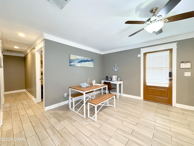 2816 N Panama Ave Unit A & B, Panama City, FL 32405 - dining room with ornamental molding, a ceiling fan, light wood-style flooring, recessed lighting, and attic access