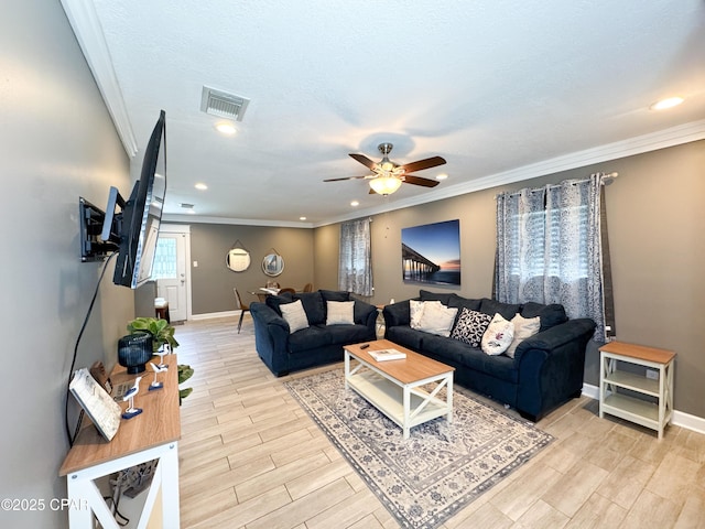 2816 N Panama Ave Unit A & B, Panama City, FL 32405 - living area with crown molding, ceiling fan, light wood-type flooring, and recessed lighting