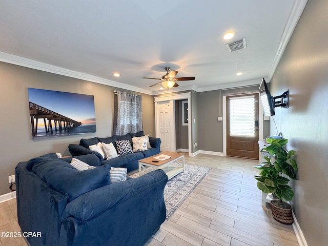 2816 N Panama Ave Unit A & B, Panama City, FL 32405 - living room featuring crown molding, a ceiling fan, recessed lighting, and light wood-type flooring
