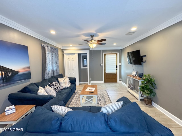 2816 N Panama Ave Unit A & B, Panama City, FL 32405 - living room with ornamental molding, ceiling fan, recessed lighting, and light wood finished floors