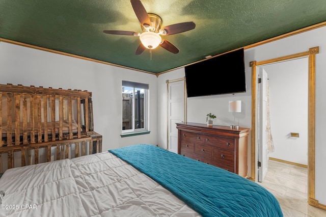 4004 E 7th Cir, Panama City, FL 32404 - bedroom with a textured ceiling, a ceiling fan, and crown molding