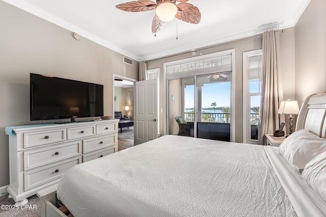 4100 Marriott Dr Unit 402, Panama City Beach, FL 32408 - bedroom featuring access to exterior, ornamental molding, and a ceiling fan