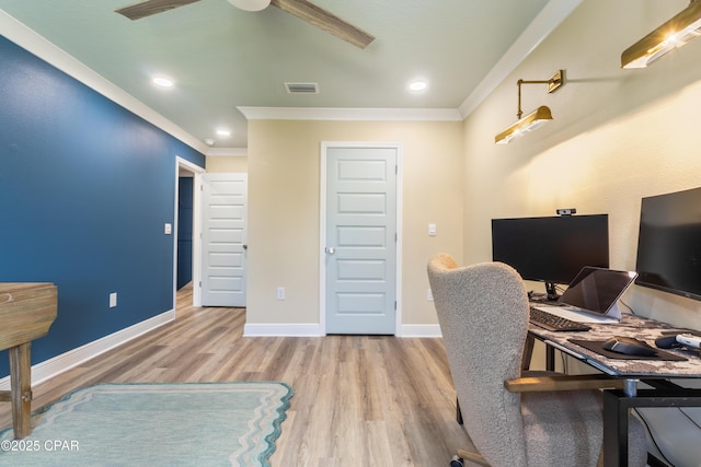 21818 Kelly Pines Pl, Panama City Beach, FL 32413 - office featuring wood finished floors, ornamental molding, ceiling fan, and recessed lighting