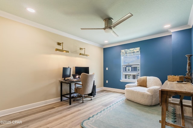 21818 Kelly Pines Pl, Panama City Beach, FL 32413 - home office with a ceiling fan, wood finished floors, crown molding, and recessed lighting