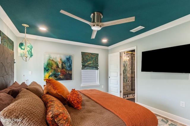 21818 Kelly Pines Pl, Panama City Beach, FL 32413 - bedroom with connected bathroom, crown molding, recessed lighting, and ceiling fan