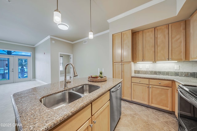 8700 Front Beach Rd Unit 7207, Panama City Beach, FL 32407 - kitchen with appliances with stainless steel finishes, ornamental molding, light brown cabinetry, light stone countertops, and hanging light fixtures