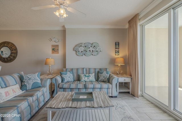 10625 Front Beach Rd Unit 1102, Panama City Beach, FL 32407 - living area featuring a textured ceiling, crown molding, and a ceiling fan