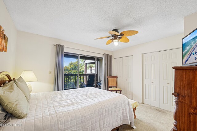 17620 Front Beach Rd Unit 4U, Panama City Beach, FL 32413 - bedroom featuring access to outside, multiple closets, carpet, a textured ceiling, and a ceiling fan