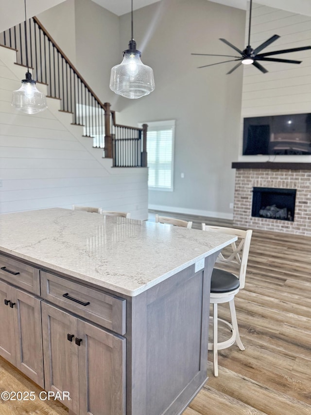 3391 Grey Oak Way, Marianna, FL 32446 - kitchen with a ceiling fan, open floor plan, light wood-style floors, light stone countertops, and pendant lighting