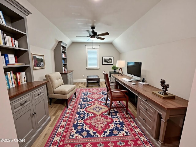 3391 Grey Oak Way, Marianna, FL 32446 - home office with ceiling fan, light wood-type flooring, and vaulted ceiling