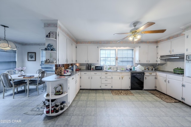 1016 Morgan Ave, Chattahoochee, FL 32324 - kitchen with black appliances, open shelves, under cabinet range hood, ceiling fan, and white cabinetry