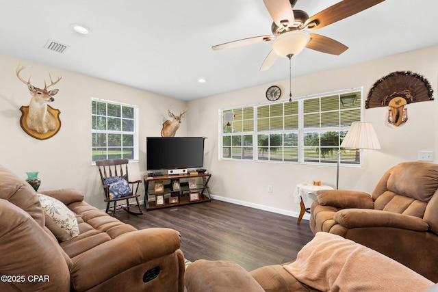 3483 Kynesville Rd, Marianna, FL 32448 - living room featuring ceiling fan, dark wood-type flooring, and recessed lighting