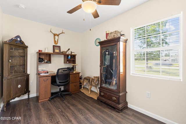3483 Kynesville Rd, Marianna, FL 32448 - office featuring dark wood-type flooring, ceiling fan, and healthy amount of natural light