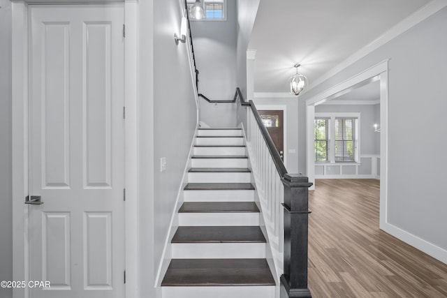3033 Osprey Cir, Panama City, FL 32405 - staircase featuring crown molding, wood finished floors, and a chandelier