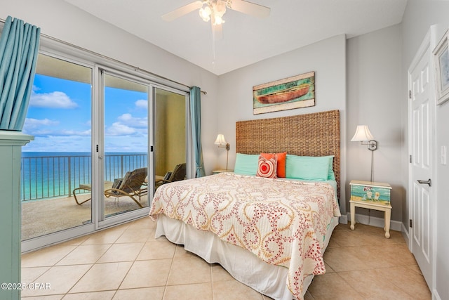10625 Front Beach Rd Unit 1902, Panama City Beach, FL 32407 - bedroom with a water view, tile patterned flooring, access to outside, and ceiling fan
