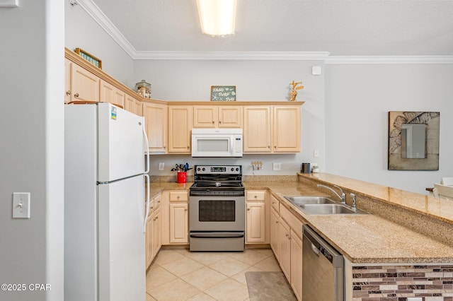 10625 Front Beach Rd Unit 1902, Panama City Beach, FL 32407 - kitchen featuring appliances with stainless steel finishes, crown molding, a peninsula, light brown cabinetry, and light countertops