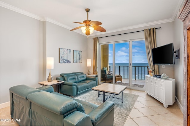 10625 Front Beach Rd Unit 1902, Panama City Beach, FL 32407 - living area with ornamental molding, light tile patterned floors, and a ceiling fan