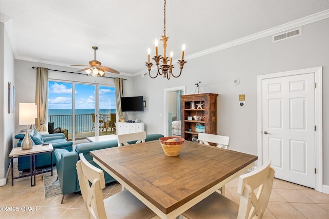 10625 Front Beach Rd Unit 1902, Panama City Beach, FL 32407 - dining space with crown molding, light tile patterned flooring, a ceiling fan, and a chandelier