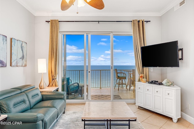 10625 Front Beach Rd Unit 1902, Panama City Beach, FL 32407 - living area featuring light tile patterned floors, a ceiling fan, and crown molding