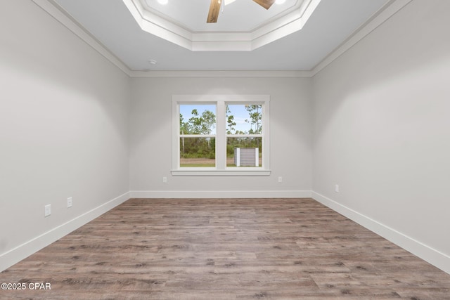 902 Captain Way, Panama City, FL 32404 - empty room with a tray ceiling, ornamental molding, a ceiling fan, wood finished floors, and a skylight